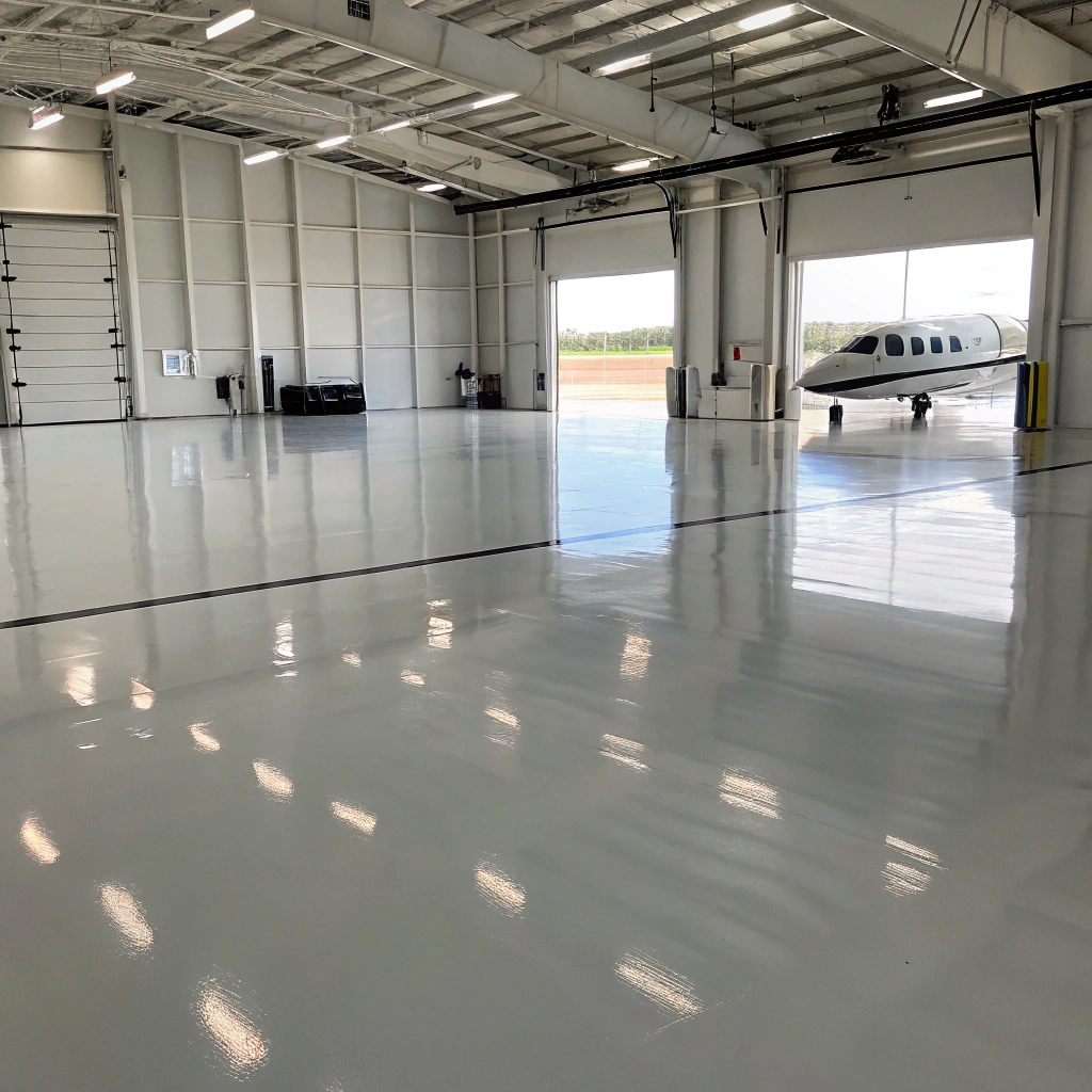 Aircraft hangar epoxy flooring Hobart with high-gloss light grey sealed concrete surface