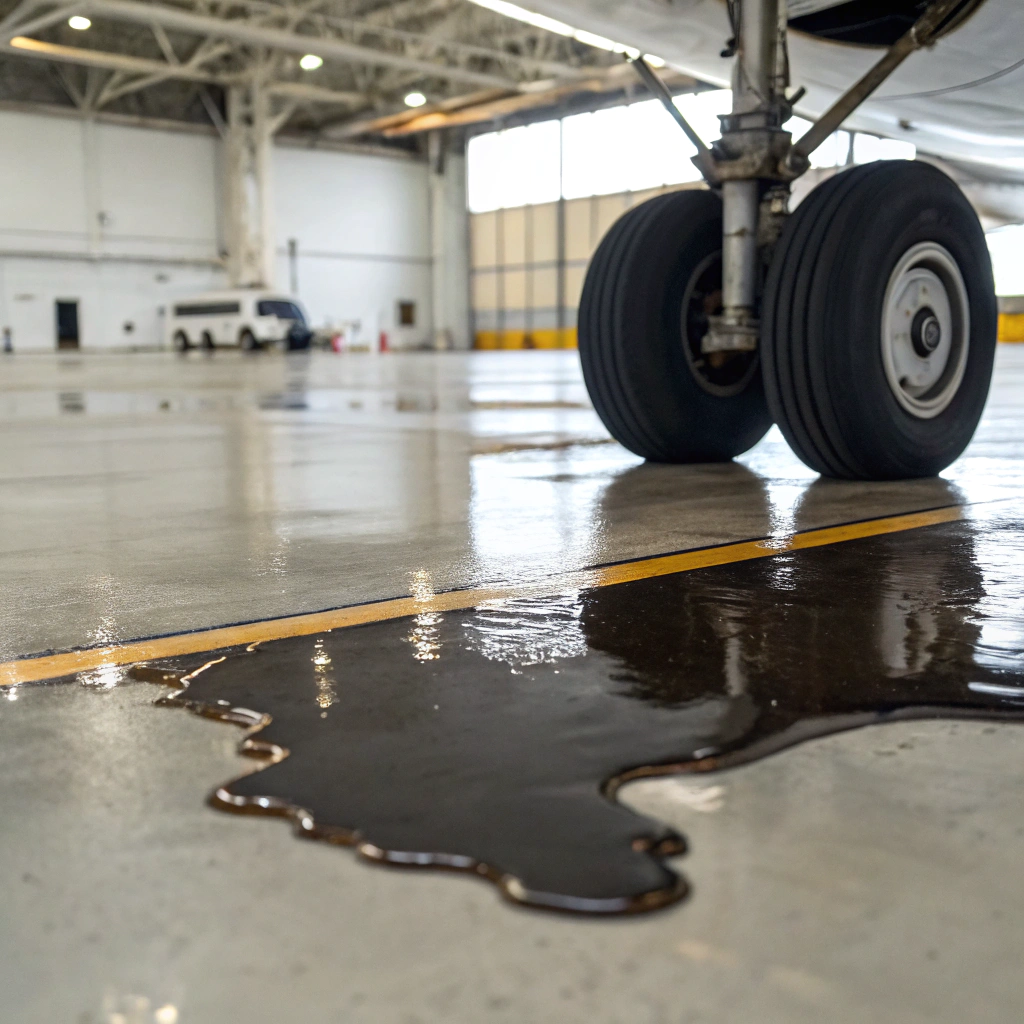 Aviation fluid spill sitting on sealed epoxy hangar floor demonstrating chemical resistance