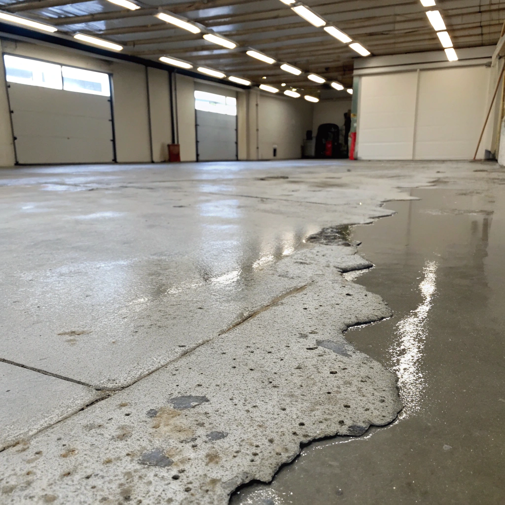 old epoxy floor peeling and delaminating in a Hobart garage