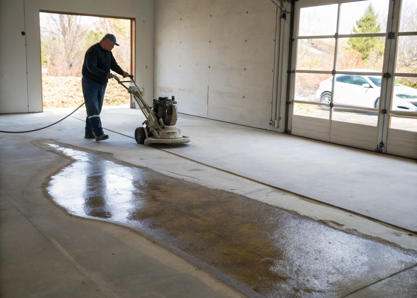 Diamond grinding concrete surface preparation on a residential garage floor in Hobart