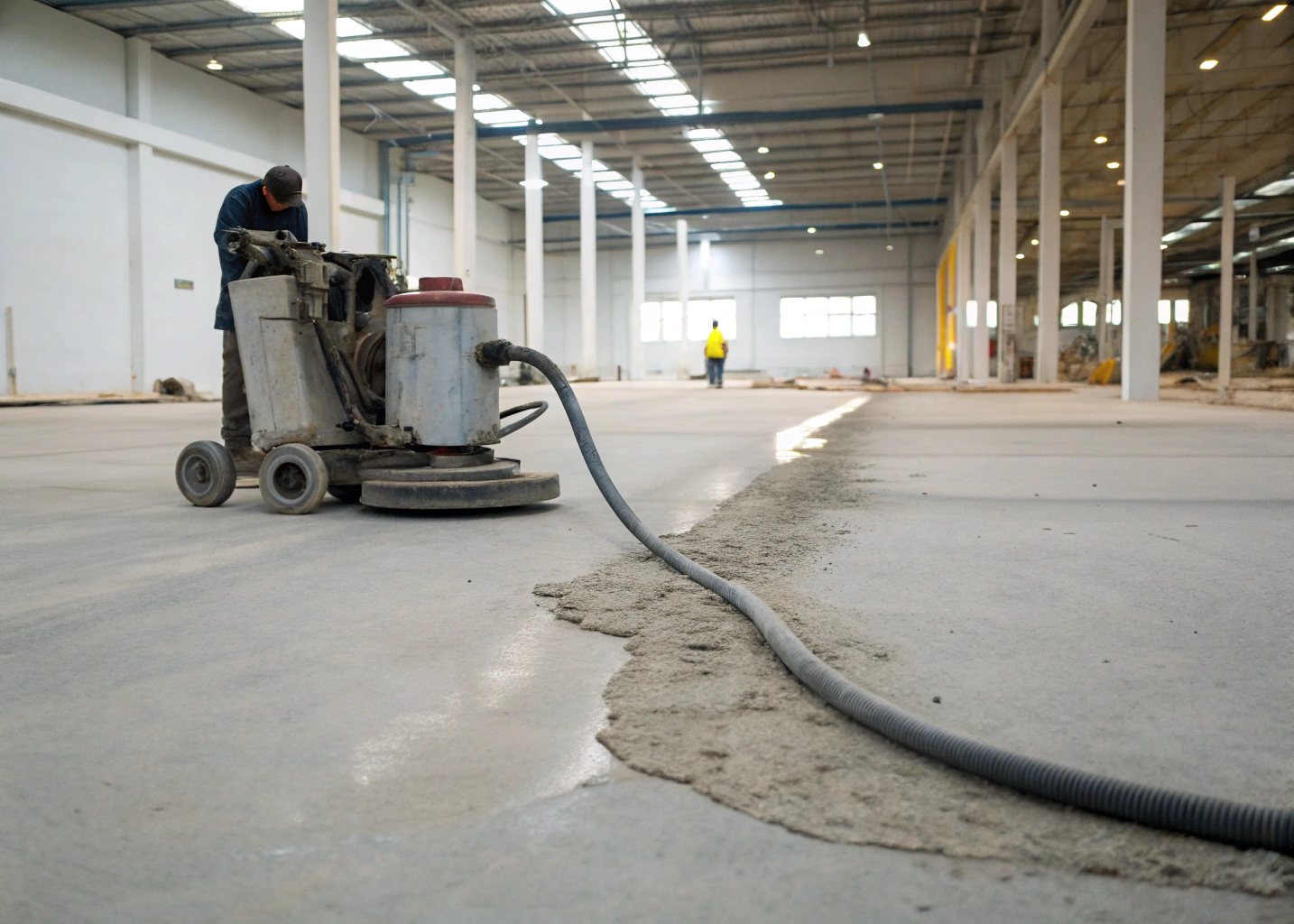 diamond grinding machine removing old epoxy coating from concrete floor