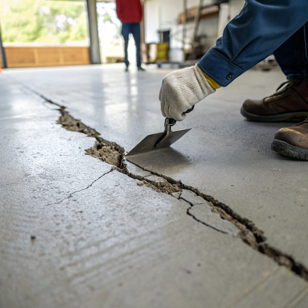 Professional applying crack repair compound to concrete floor Hobart