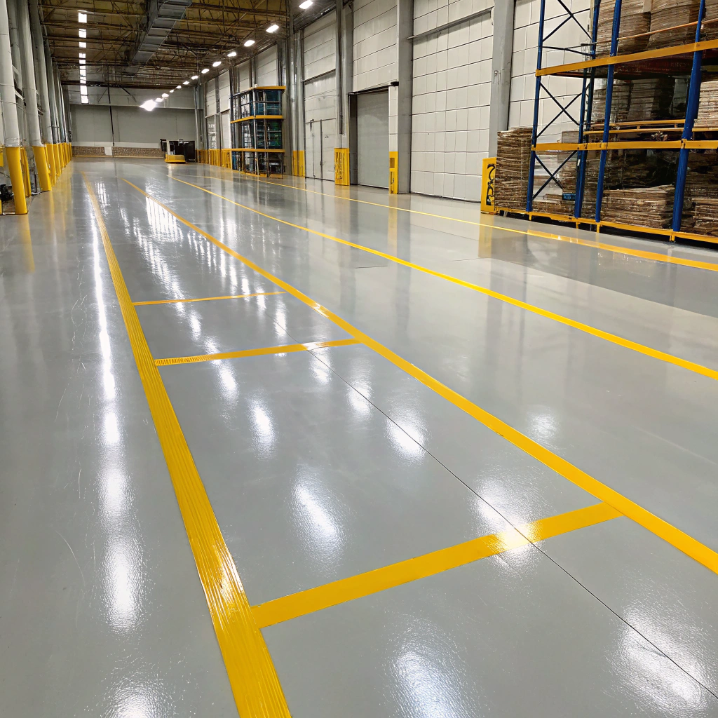 completed epoxy warehouse floor with forklift lane and pedestrian walkway line marking Glenorchy Tasmania