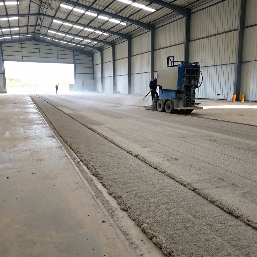 shot blasting machine preparing concrete warehouse floor before epoxy coating