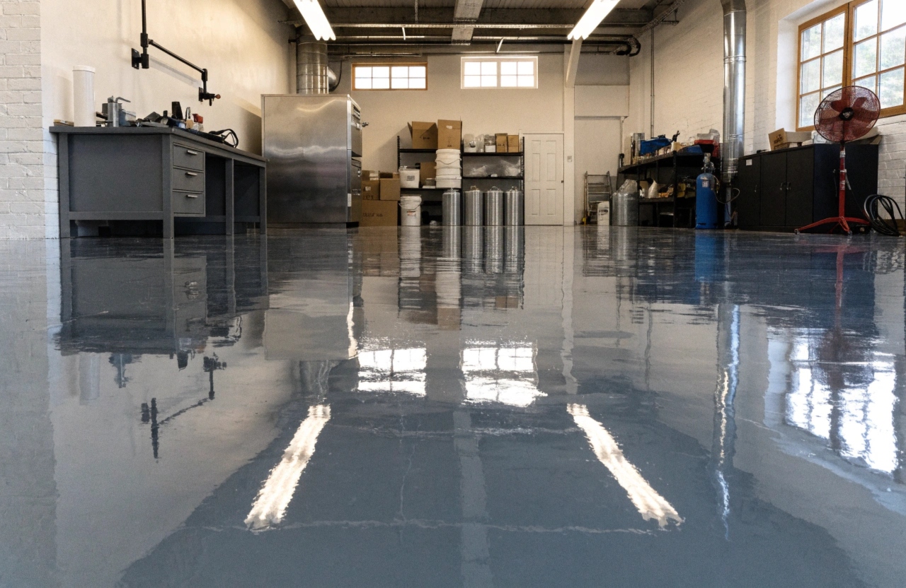 Finished solid-colour epoxy floor coating in a Hobart commercial workshop after full floor conversion