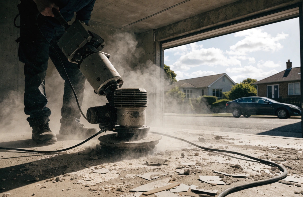 Concrete substrate preparation by diamond grinding during a floor conversion project in a Hobart residential garage