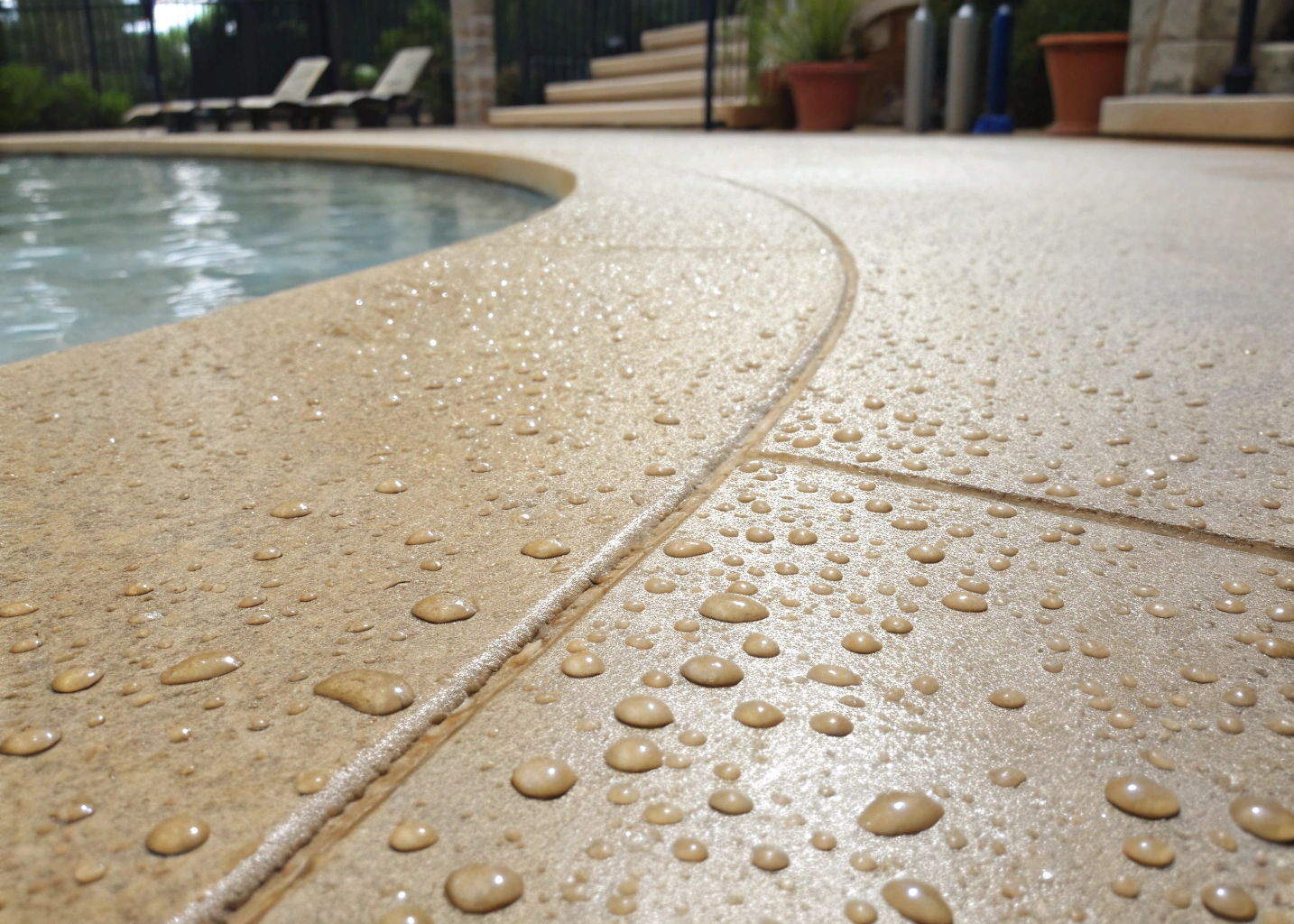 Close-up of anti-slip aggregate texture on wet epoxy pool deck surface