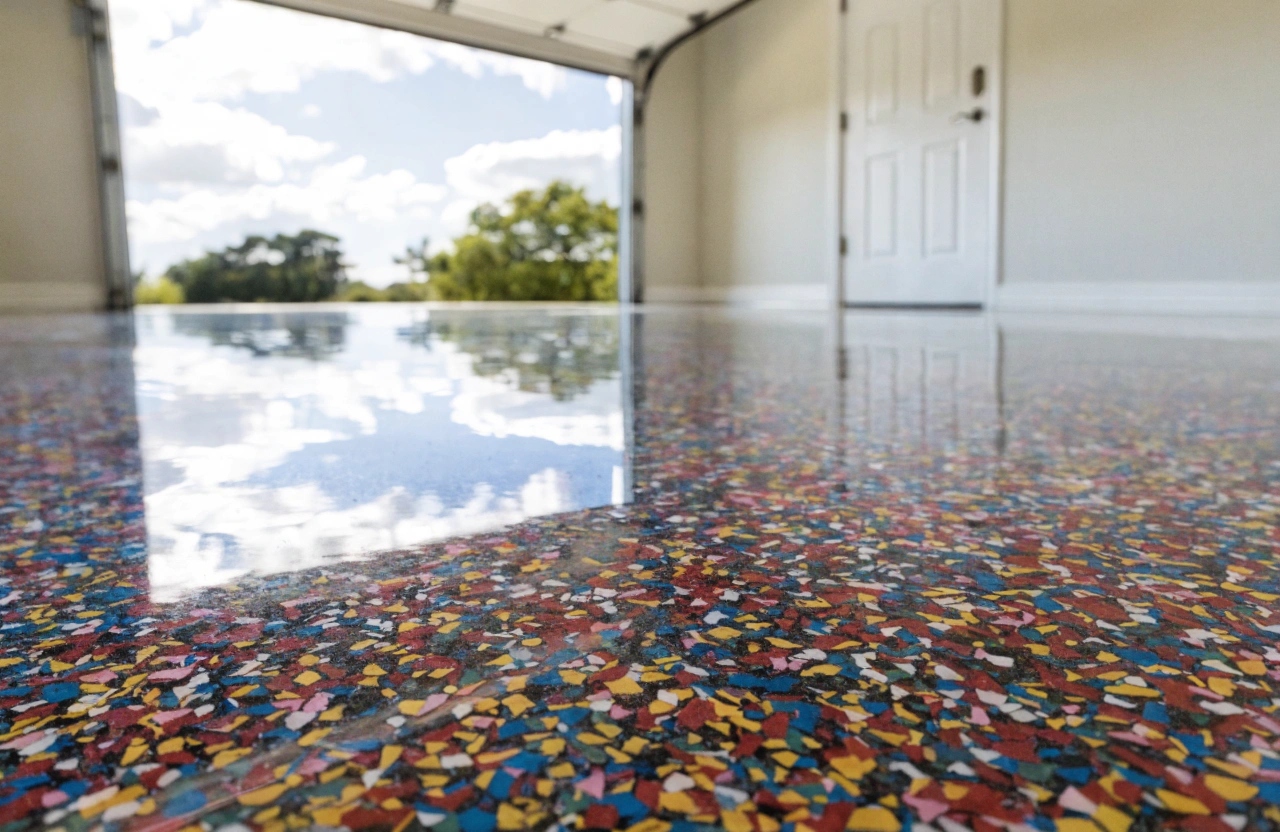 Broadcast flake epoxy floor finish installed in a residential garage in Hobart Tasmania