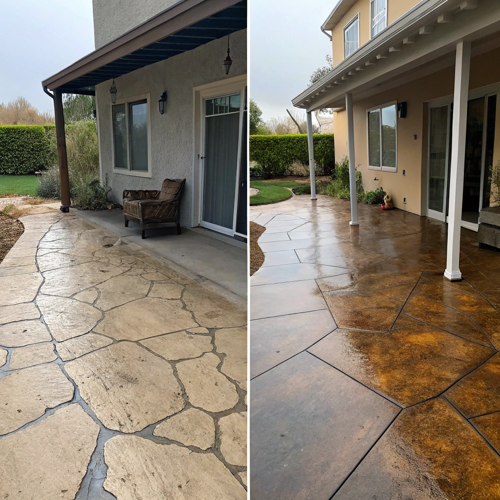 concrete patio before and after epoxy coating Hobart cracked slab restored