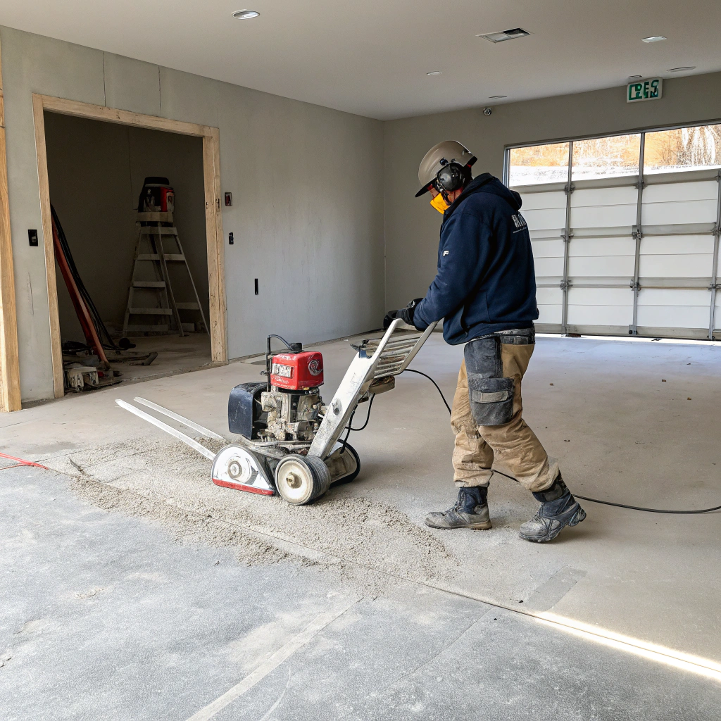 Tradesperson diamond grinding a concrete garage floor in preparation for epoxy coating