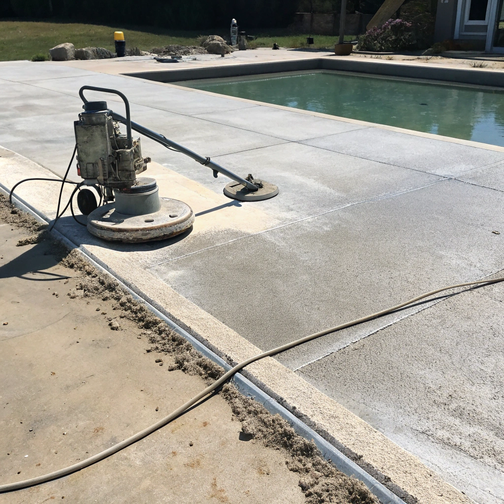 Diamond grinding machine preparing concrete pool deck surface before epoxy coating