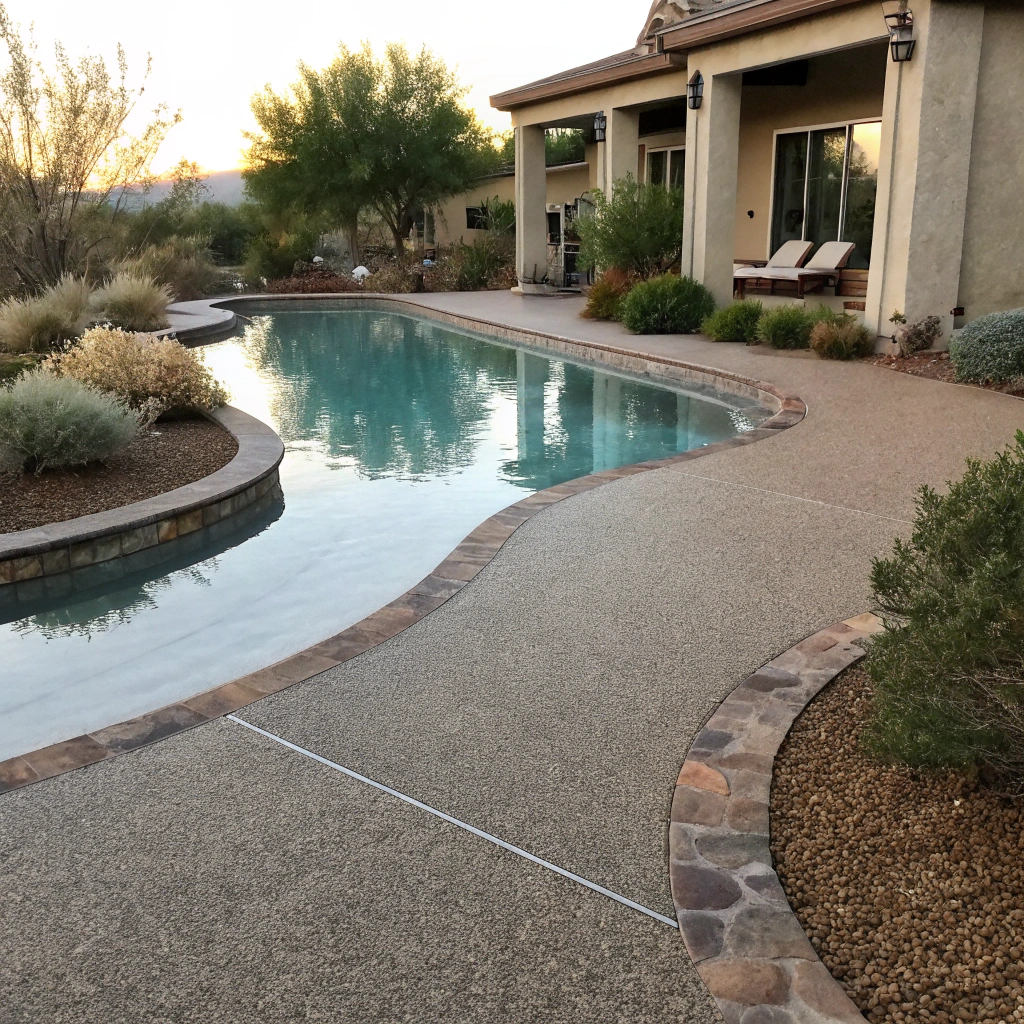 Decorative flake broadcast epoxy finish on residential pool surround in Hobart