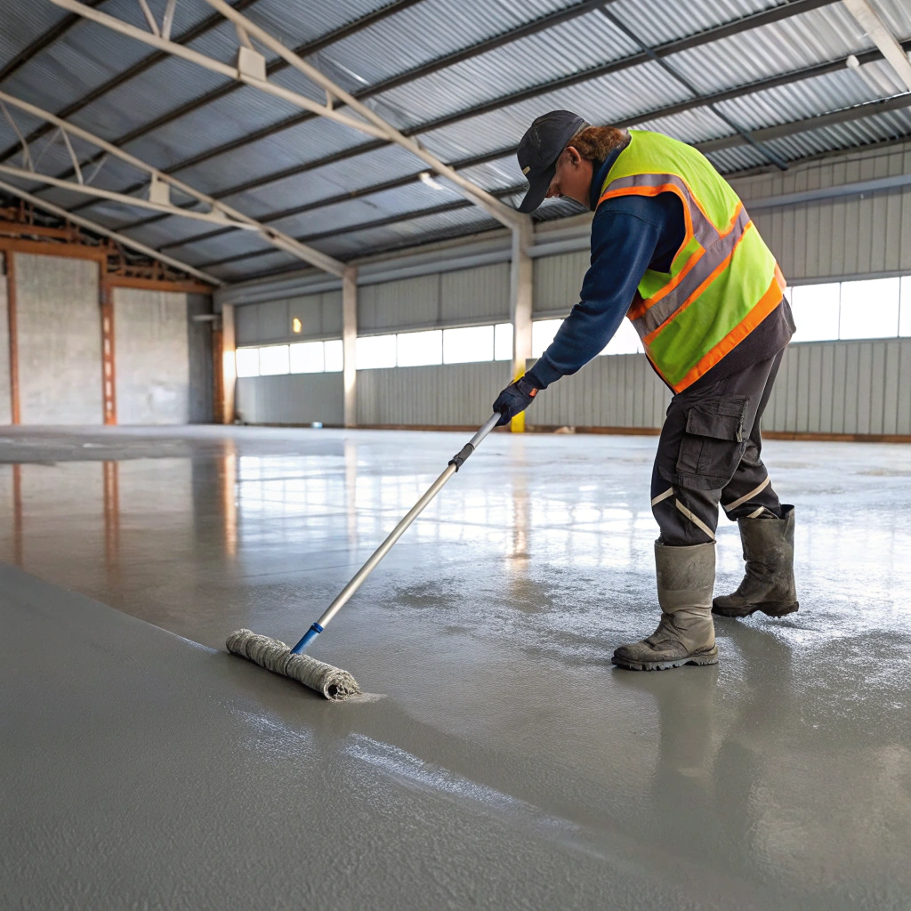 Tradesperson applying high-build epoxy coating to an industrial warehouse floor in Hobart Tasmania