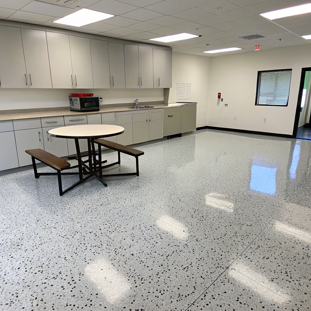 Decorative flake epoxy floor in a commercial office breakroom