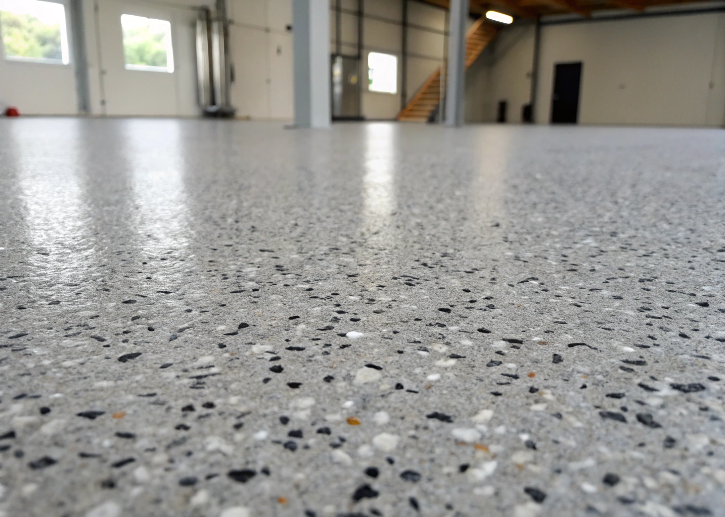 Close-up of a vinyl flake epoxy garage floor finish showing texture and colour detail