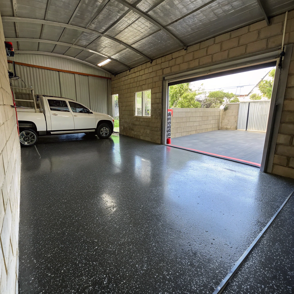 Finished epoxy garage floor in a Hobart residential double garage with a dark grey flake coating