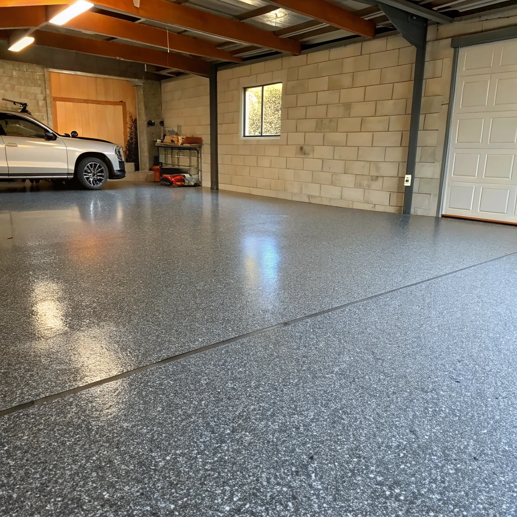 flake epoxy flooring installed in Hobart residential garage with warm lighting and visible flake texture
