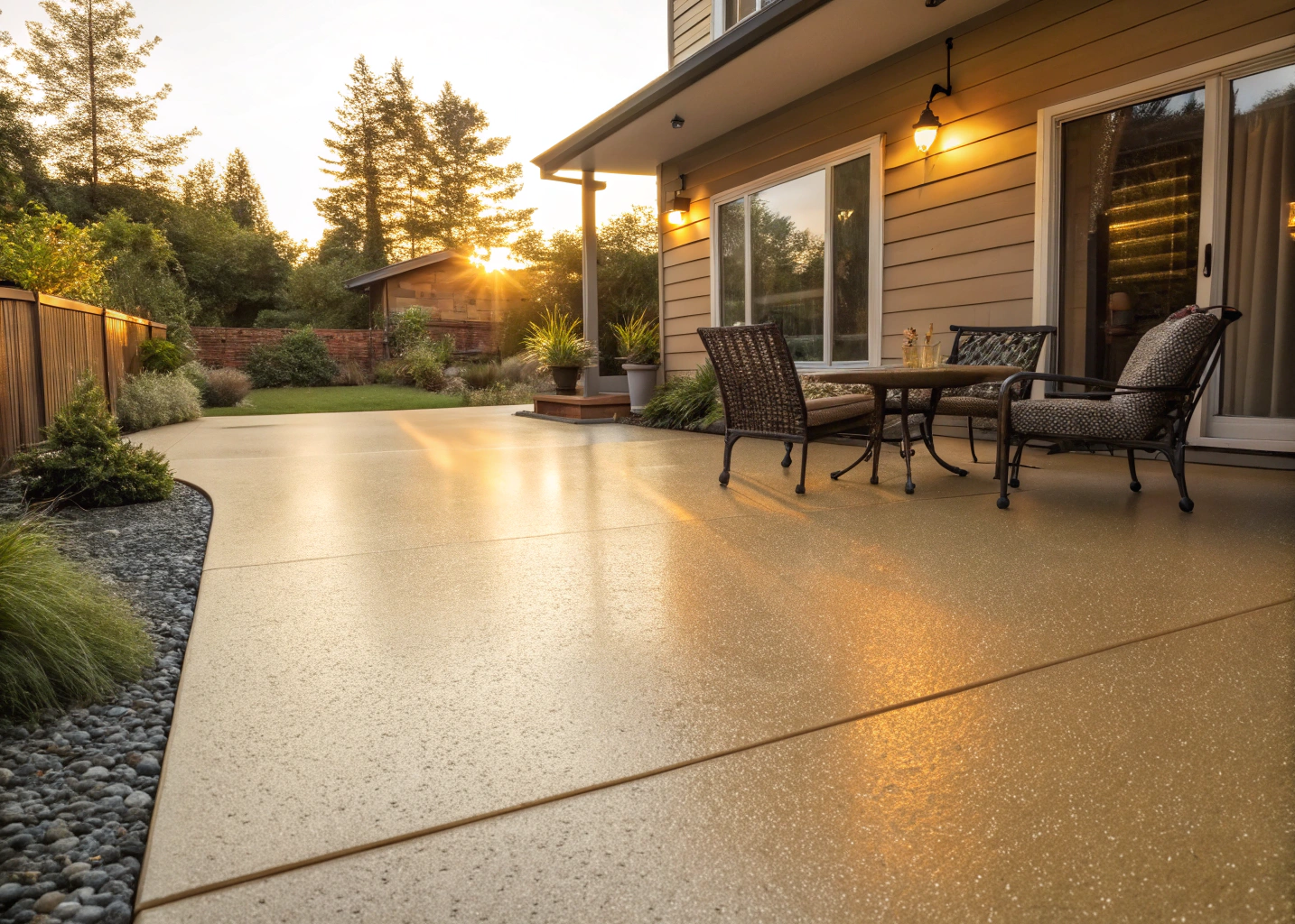 finished epoxy coated patio Hobart outdoor entertaining area warm evening light