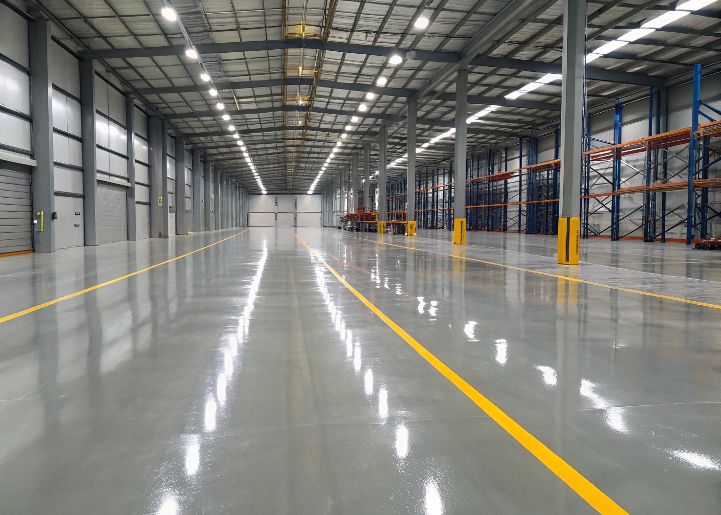 Freshly coated industrial epoxy floor in a Hobart warehouse facility with forklift lane line marking