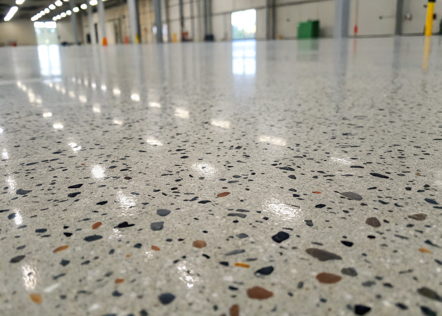 Close-up of quartz aggregate epoxy floor surface showing slip resistance texture