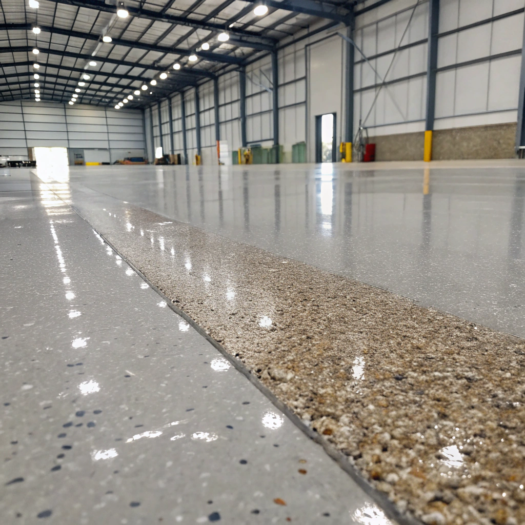 Quartz aggregate being broadcast onto wet epoxy base coat during floor installation