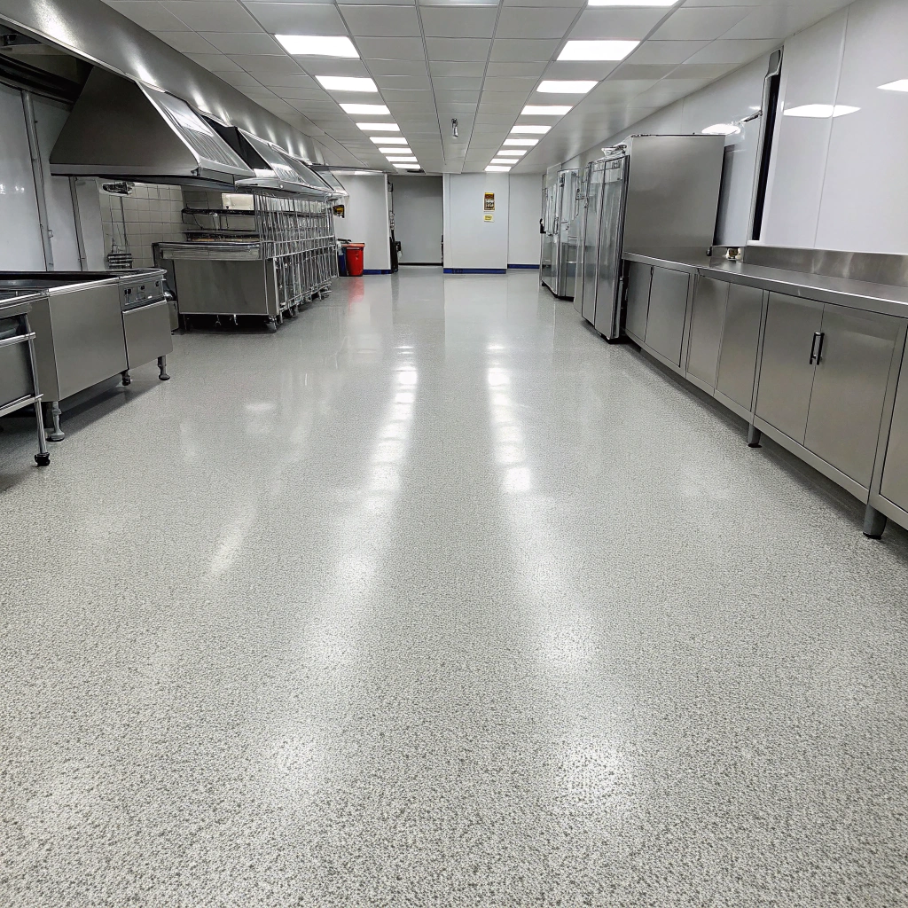Quartz epoxy floor coating installed in a Hobart commercial kitchen