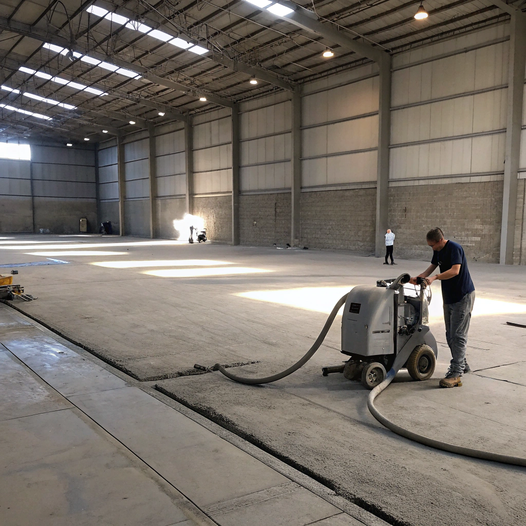 Industrial concrete floor being shot blasted during surface preparation before epoxy coating in a Hobart warehouse