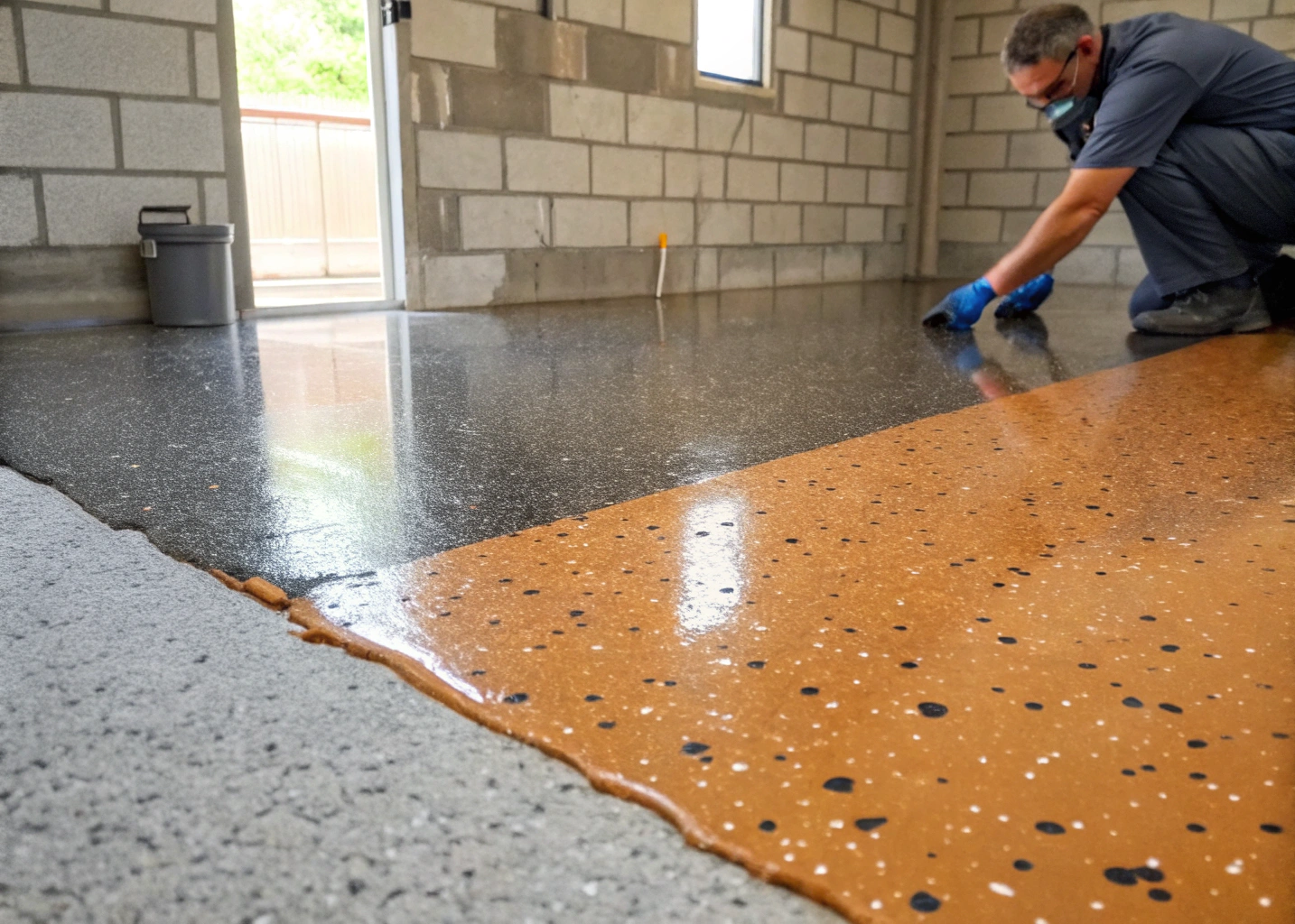 vinyl flake broadcast during epoxy floor installation Hobart showing flake density and coverage mid-install